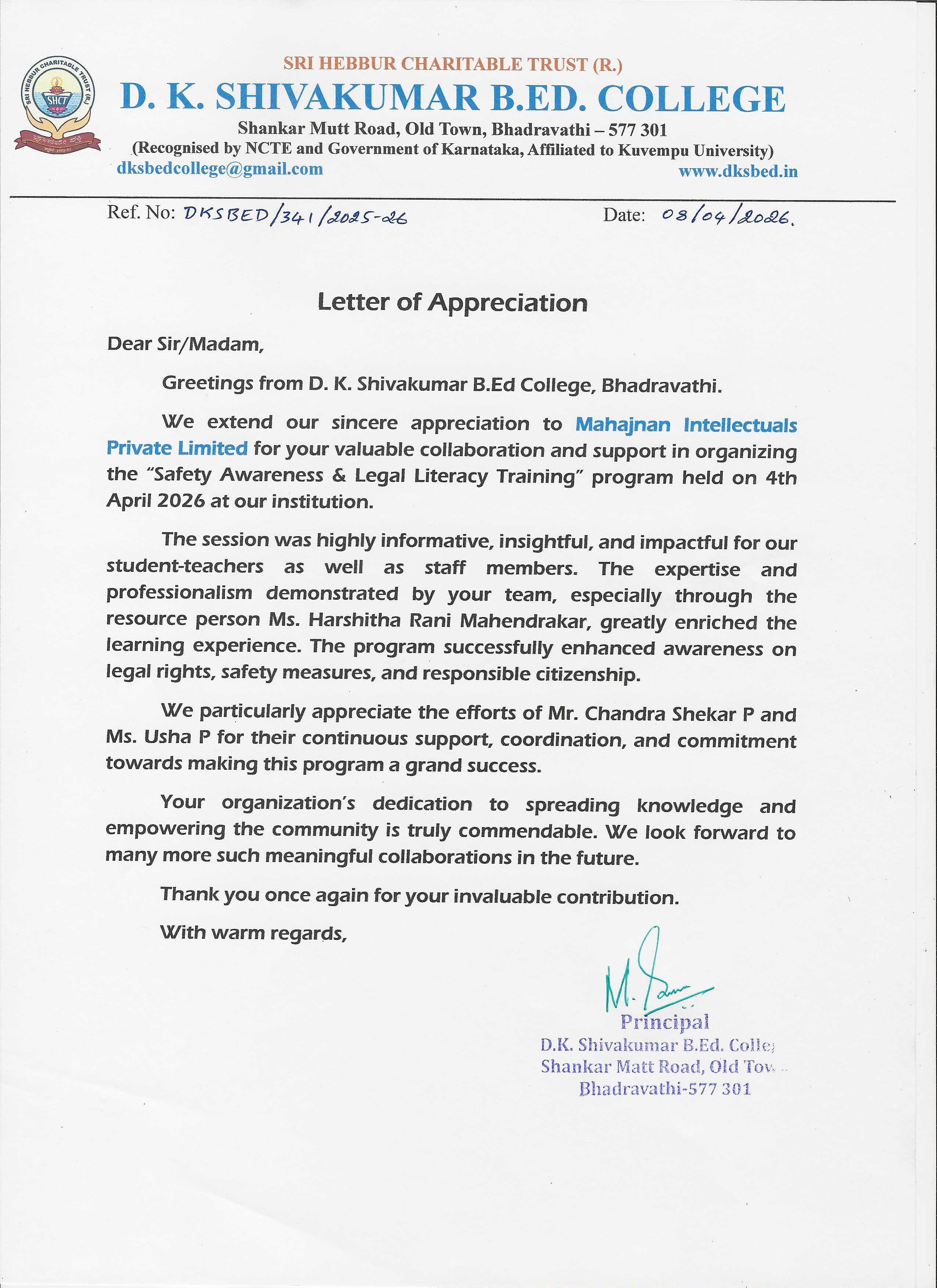 Appreciation Letter from D.K. Shivakumar B.Ed. College, Bhadravathi — issued to Mahajnan Intellectuals Private Limited for the Safety Awareness & Legal Literacy Training Programme, April 4, 2026